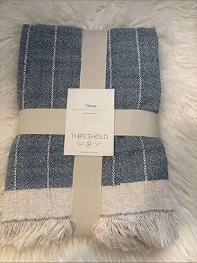 Threshold Blue and Cream Striped Woven Throw with Fringe